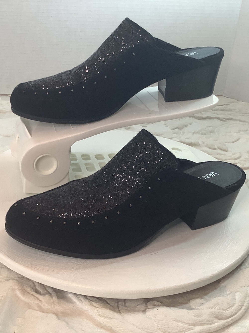 EUC Vaneli black sequin suede studs clogs mules slip on sz.9